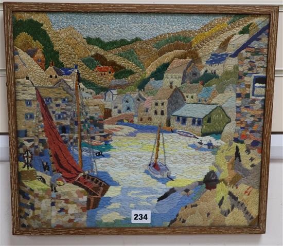 A 1950s silkwork panel of Polperro harbour, 35 x 38cm